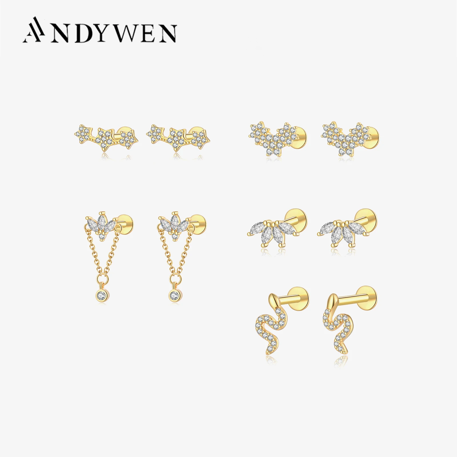 ANDYWEN 925 Sterling Silver Gold Flower Piercing Earring Pendientes Clips Luxury Jewelry 2023 Women Wedding Jewelry Gift