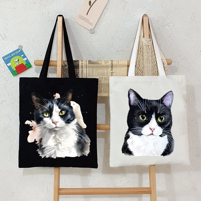 

Funny Cow Cat Handbag Women Cartoon Aesthetics Kitten Design Shopping Bags Teen Cat Lover Reusable Tote Bag Female Shoulder Bag