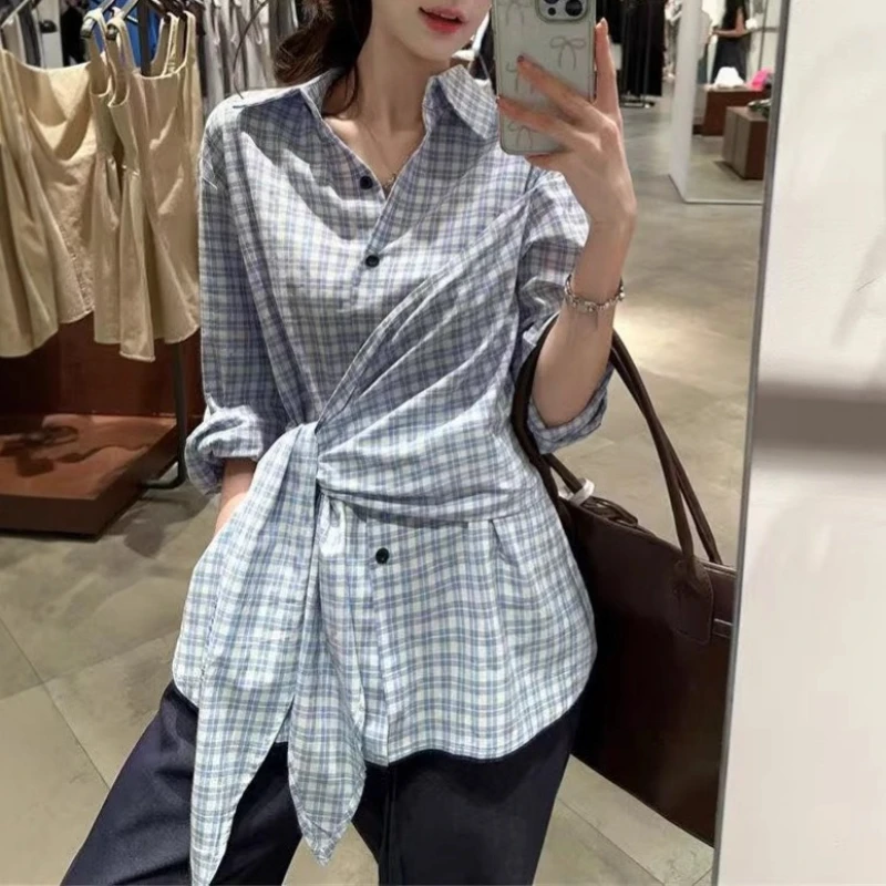 

Simple Blue Plaid Long Sleeve Shirt Women's Pre-autumn New Design Waist Chic Irregular Lace-up Shirt