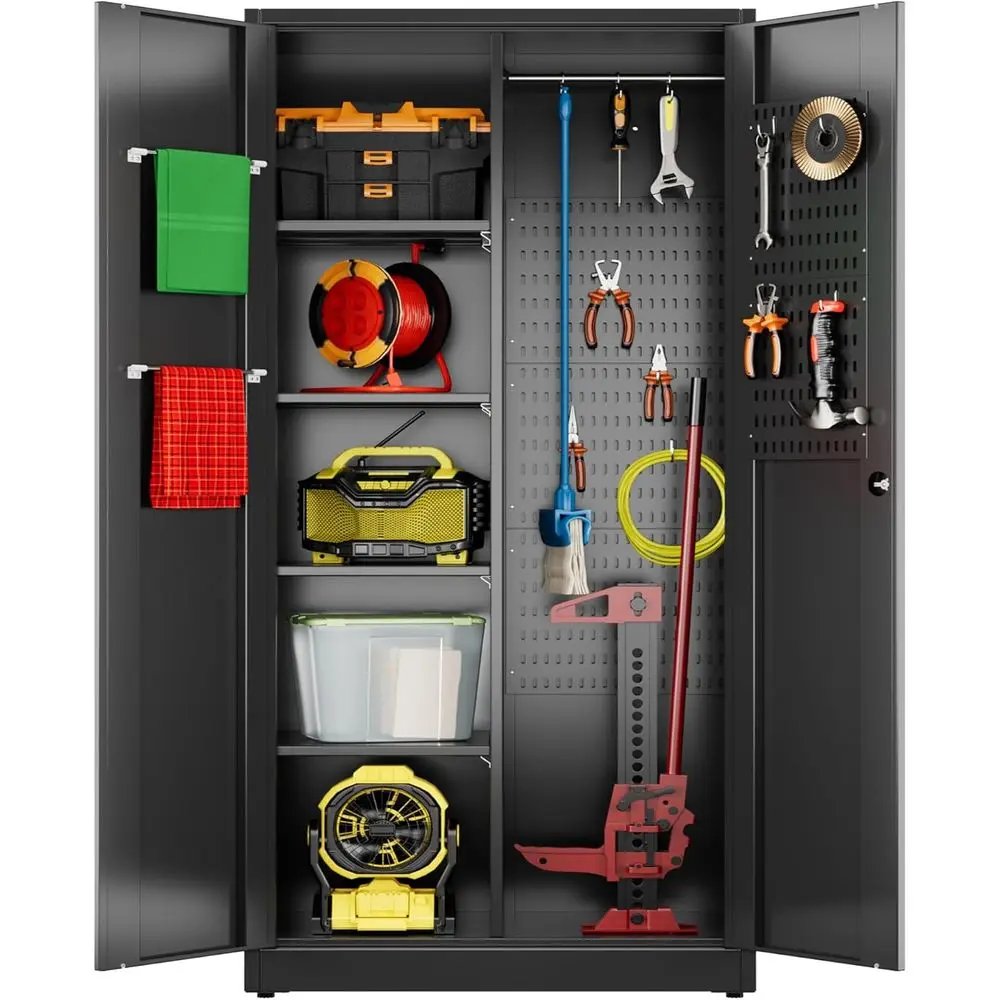 

Black Steel Broom Storage Cabinet with Locks, Garage Cleaning Tools Organizer with Pegboard and Hooks, Assembly Needed