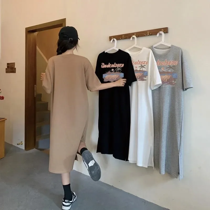 ฤดูใบไม้ผลิและฤดูร้อนสไตล์ยุโรปสไตล์พิมพ์สบายๆสบายๆผู้หญิงขนาดใหญ่แขนสั้นชุดกระโปรงยาว