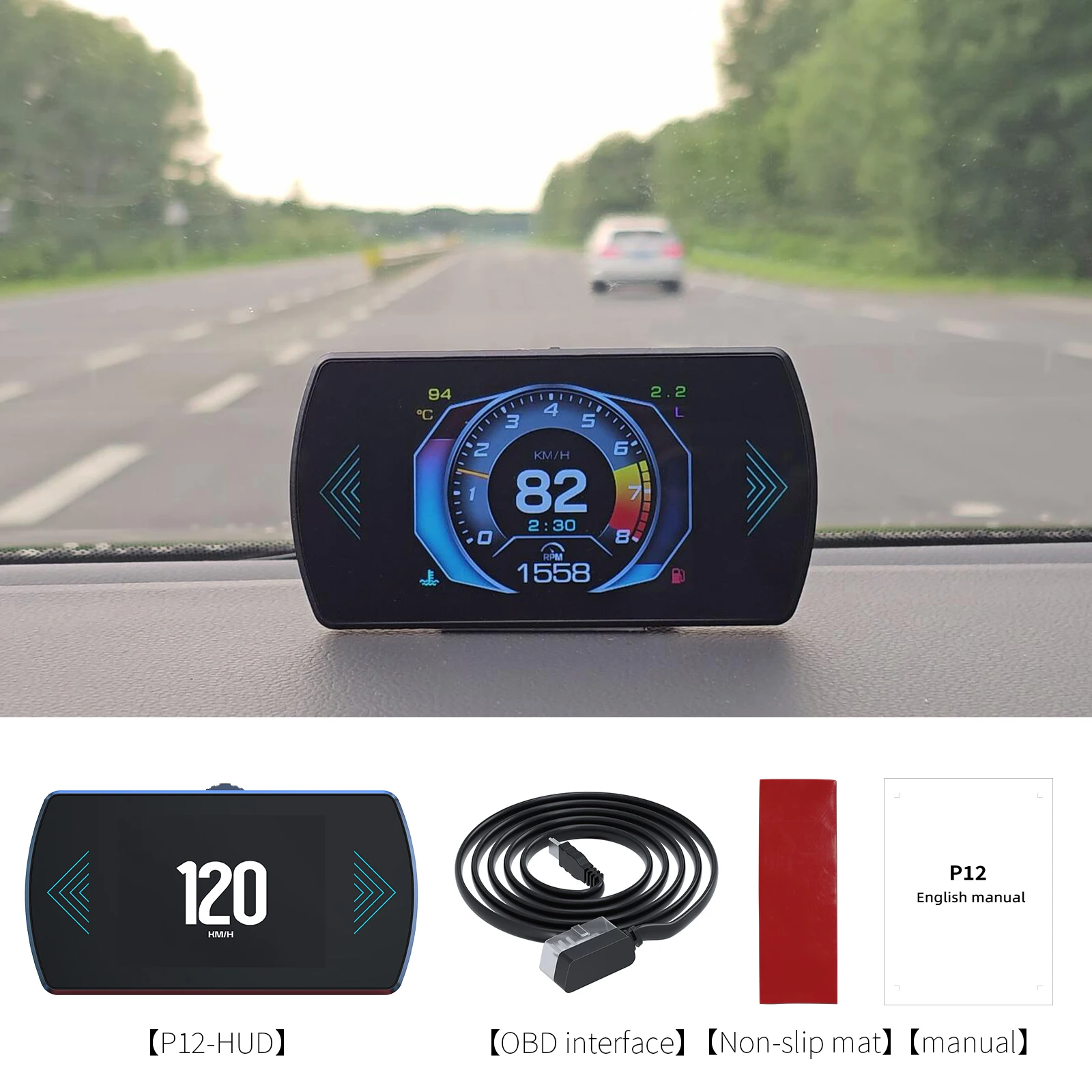 

QJ P12 OBD2 HUD Head Up Display Smart Digital Speed Gauge On-Board Computer Tachometer Speedometer ECT Water Oil Temperature