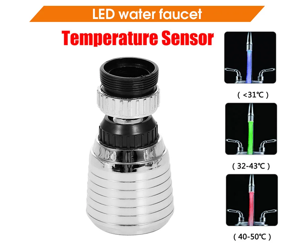 360 Degree Rotatable LED Faucet Light Multiple 360 Water Saving Light Tap Nozzle For Kitchen Bathroom Aerator Stream Glow