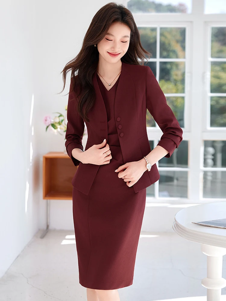 Formal Women Business Suits Elegant Styles Professional Office Work Wear Blazer Set with Dress and Jackets Coat Career Interview