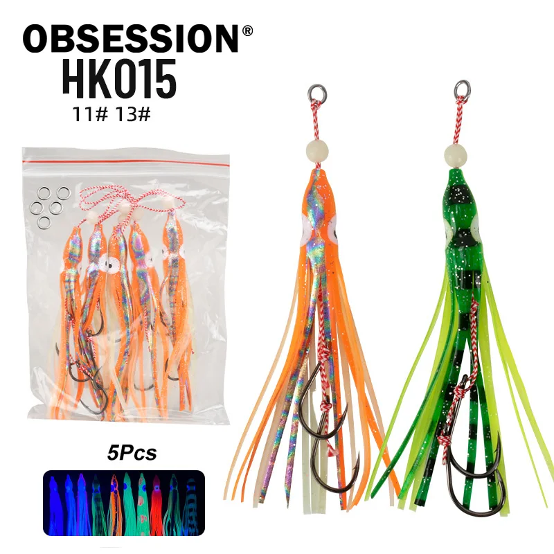 

OBSESSION HK015 5pcs/bag Saltwater Luminous Octopus Squid Rubber Skirts Jig Trolling Lure Hook Soft Fishing Double Assist Hooks