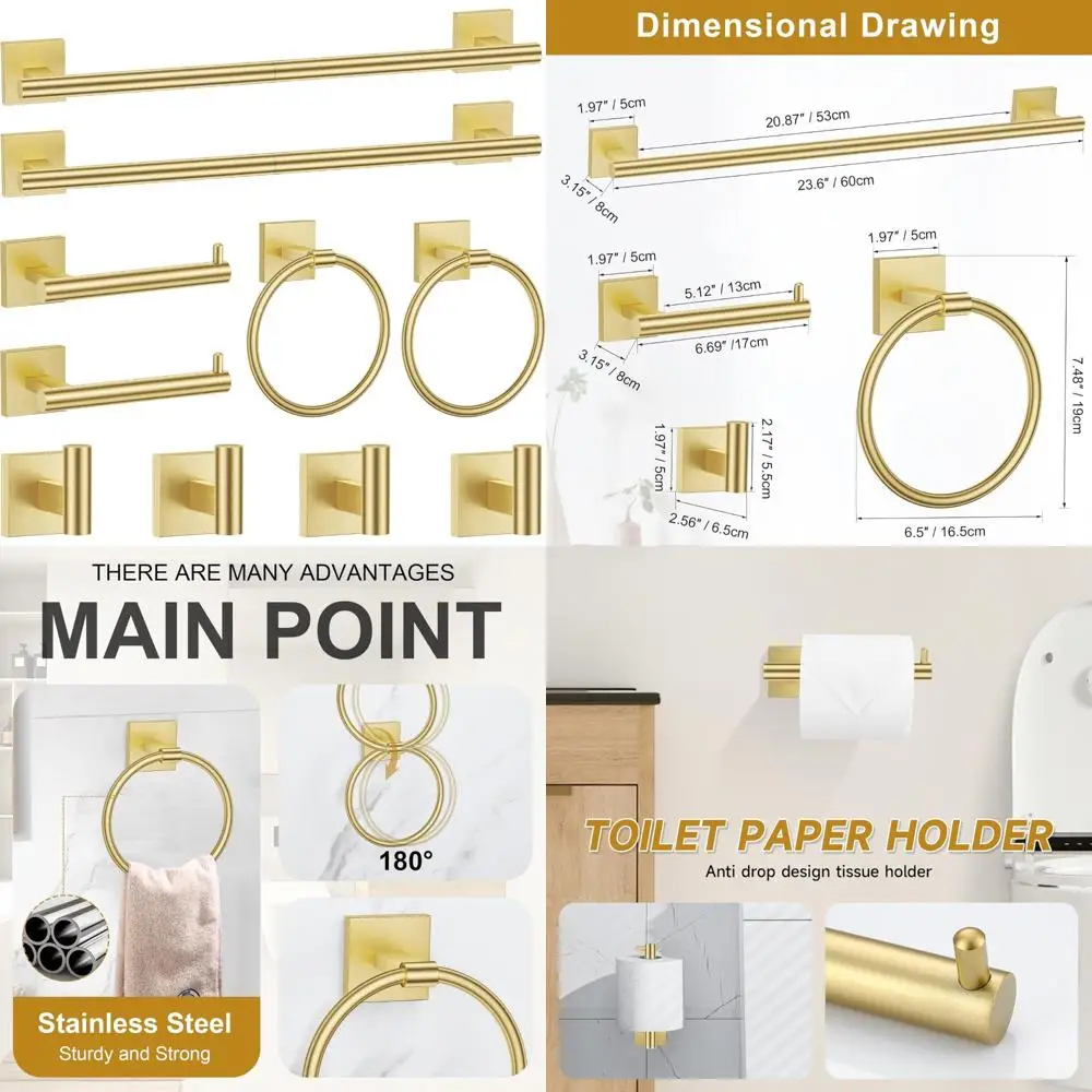 

Stainless Steel Brushed Gold Towel Bar Set, 10-Piece Bathroom Hardware Accessory Set, 23.6 Inch Towel Holder Collection