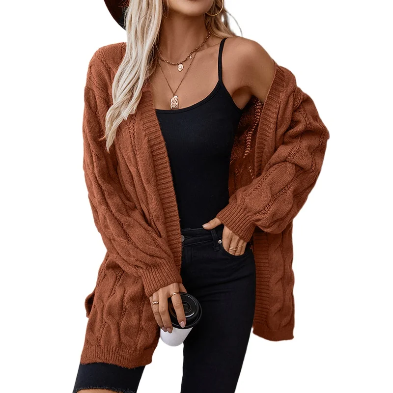 

Cross-border twist knitted cardigan women's autumn and winter retro loose medium and long sweater jacket women