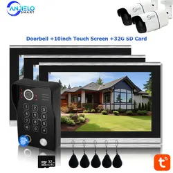 Timbre de desbloqueo con huella dactilar, intercomunicador de vídeo con pantalla táctil para el hogar, 1080P, protección de seguridad Tuya, 3 monitores
