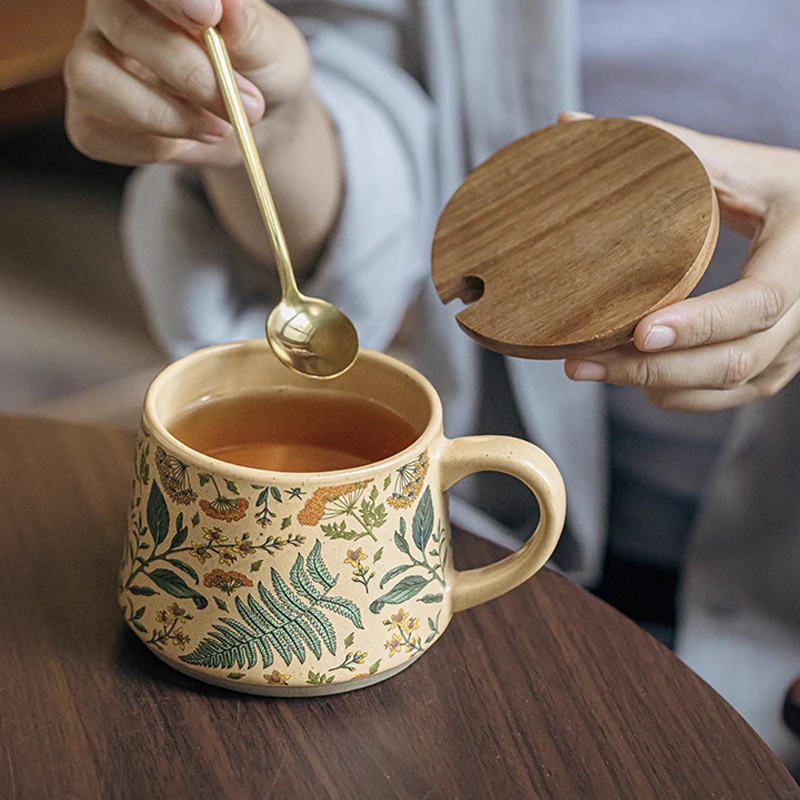 

Chinese Style Ceramic Cute Mug, Home Personal Office, Creative With lid Spoon, Floral Pattern, Milk Water Coffee Cup, 360ml, 1Pc