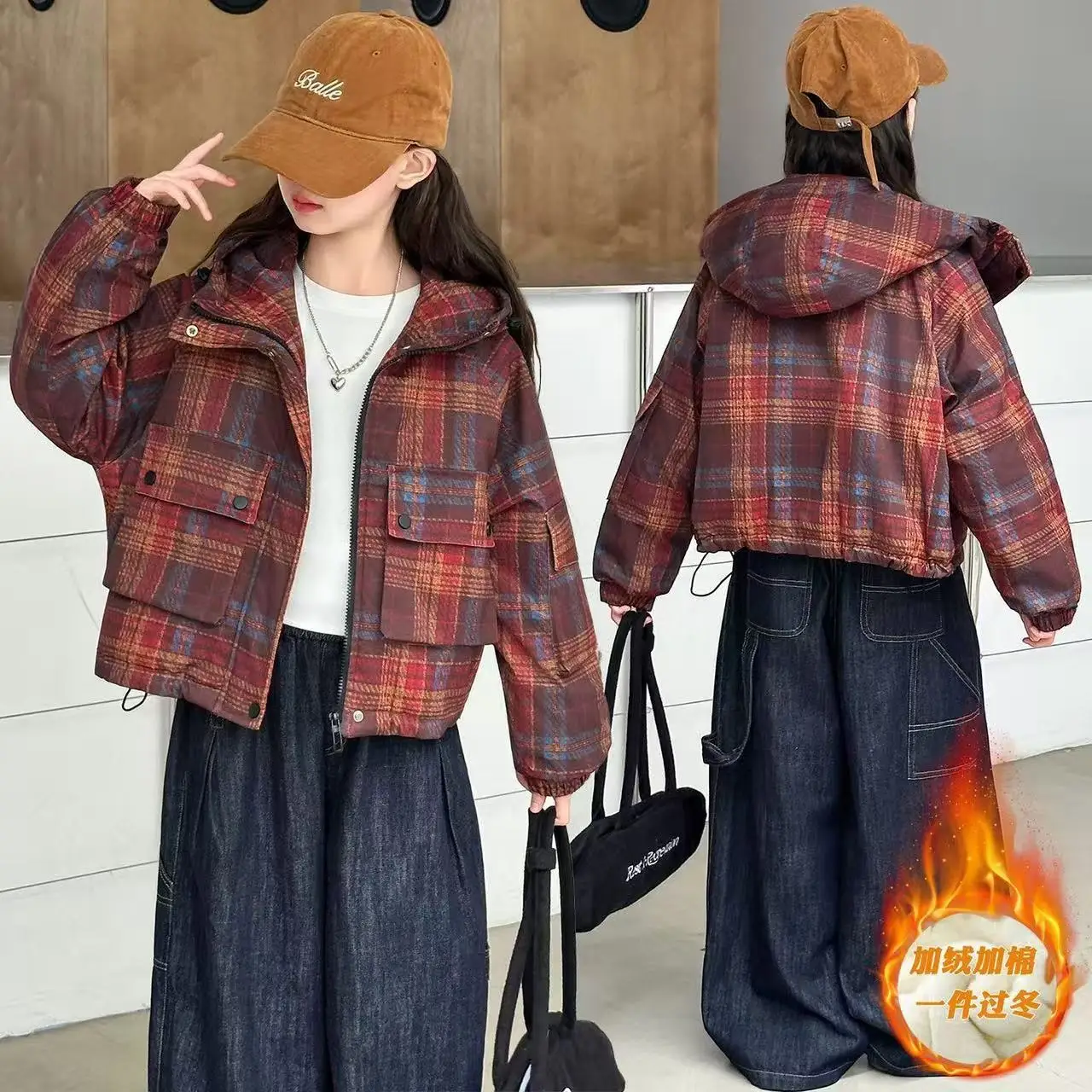 Girls' Autumn/Winter Fleece-Lined Coat Arrival Children's Winter Thickened Checked Cotton Jacket Older Children's Winter Parka