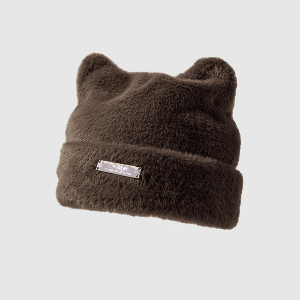 

Leisure Fluffy Cat Ears Hat Imitation Mink Wool Bear Ears Knitted Cap Beanie All-match Winter Plush Hat Female/Girls