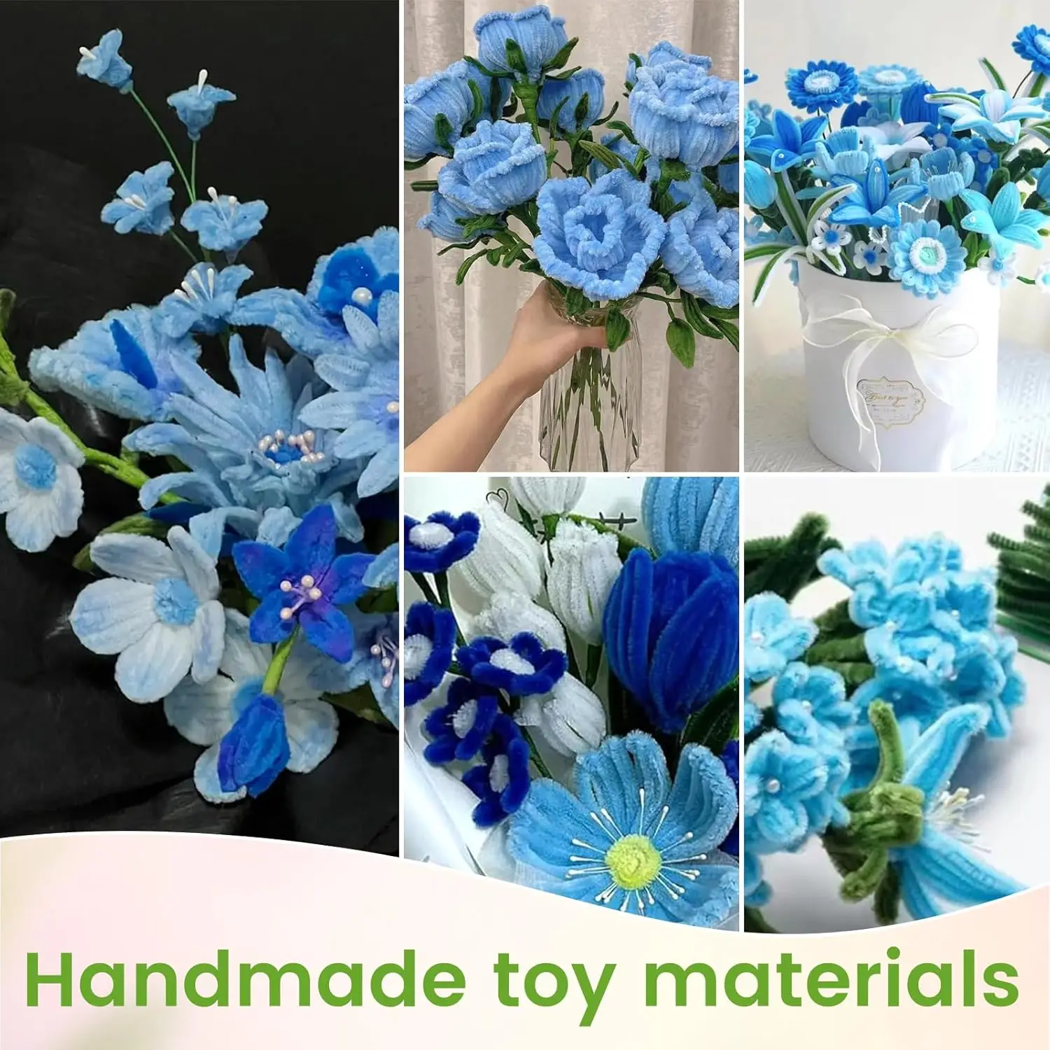 300pcs pipe cleaner set, blue tulip bouquet pipe cleaner, 20 pcs of green rod wire, 150 flower stamens, 2 tapes, for handcrafted view 5