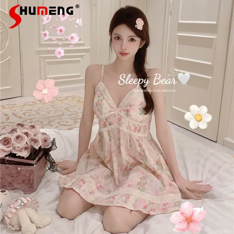 

French Backless Strap Nightdress for Women Summer Printed Cotton Princess Style Sleepwear Female Japanese Chest Pad Nightgowns