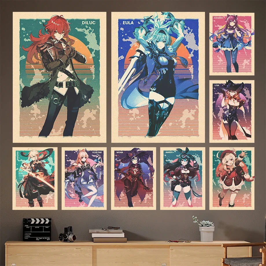 Genshin Art Print Anime Posters Vintage Anime Girl Wall Art Canvas Painting Gaming Room Accessories Picture Classroom Decoration