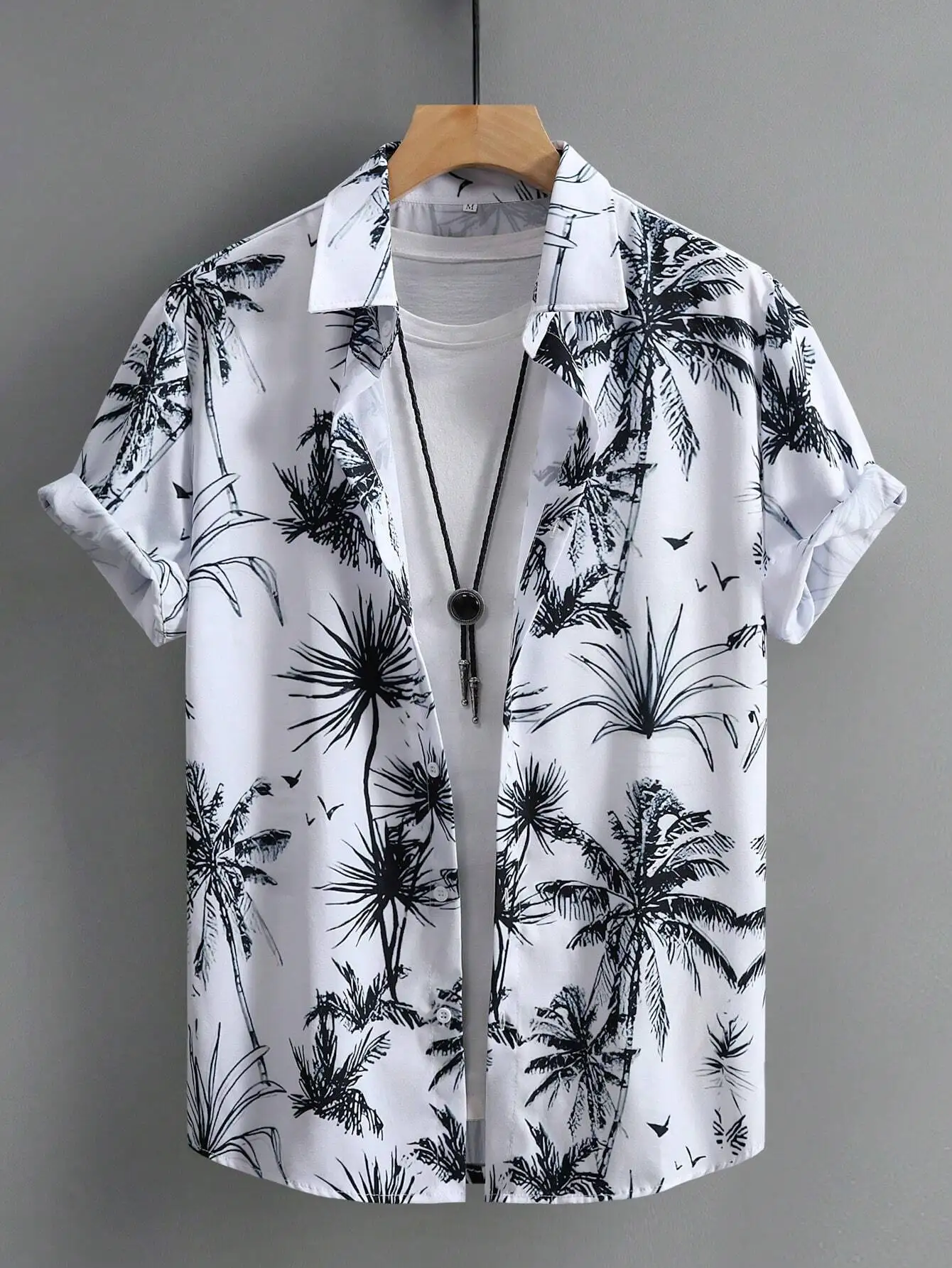

Men's White Short Sleeve Casual Shirt with Black Palm Tree Print