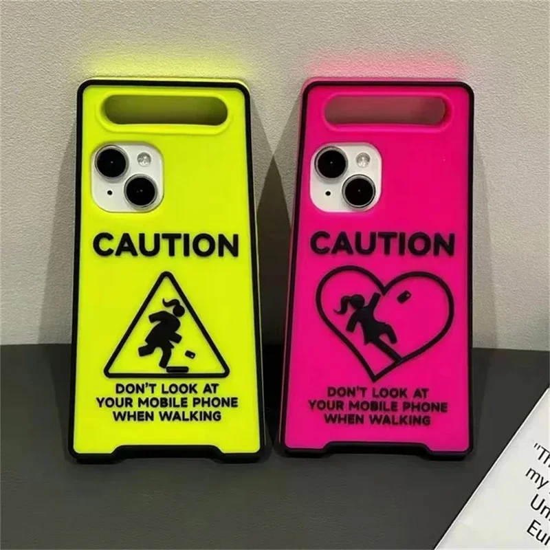 Glow-In-The-Dark Creative Funny Warning Sign Case For iPhone 16 Pro 15 13 12 Pro Max 11 14 Plus Lovely Street Fashion Soft Cover