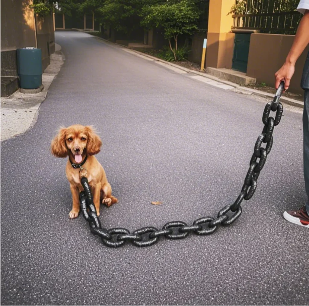 Oh mio dio! Questo strano guinzaglio per animali domestici con catena di simulazione in plastica trasforma gli animali domestici in "divertenti Superstars" in strada in un secondo