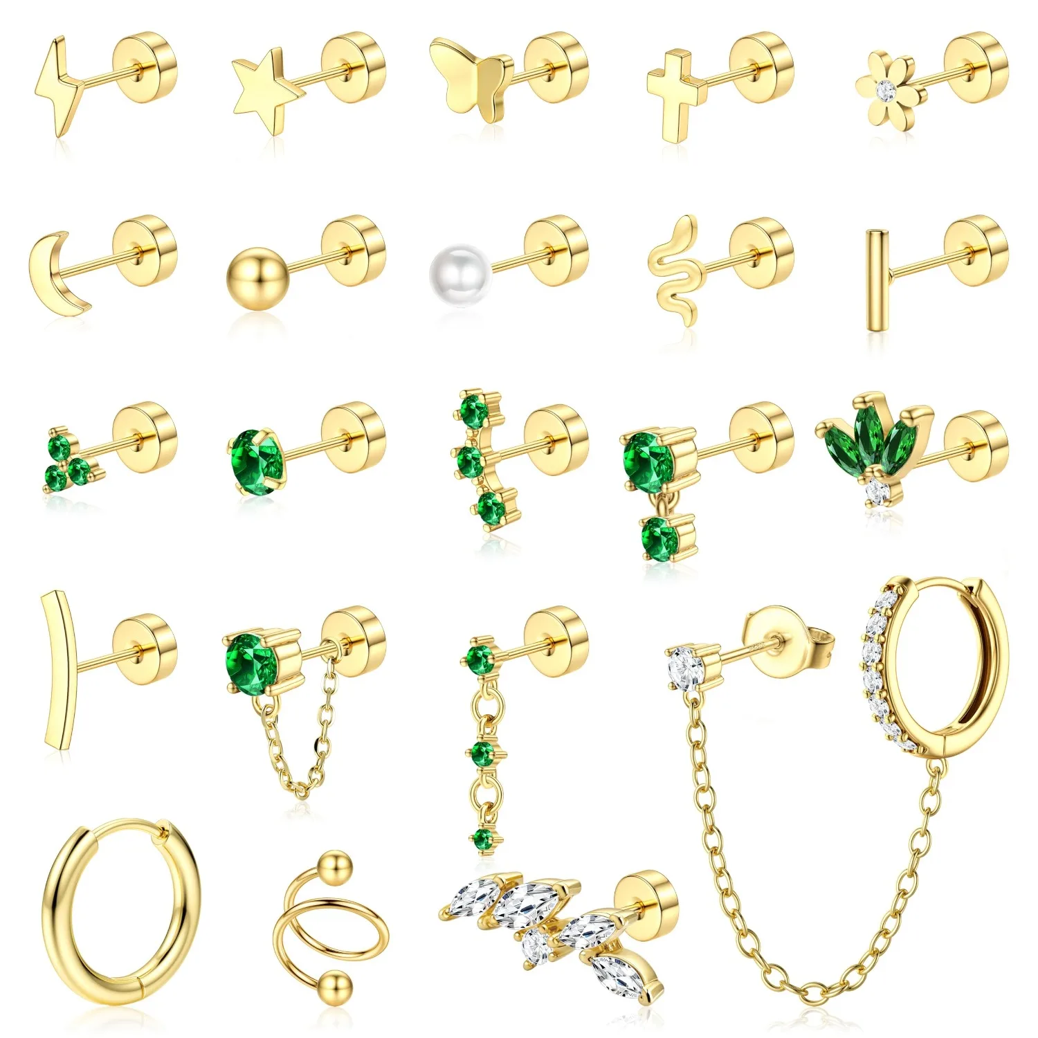 Drperfect 1 Stück Ohrstecker mit flacher Rückseite für Damen, Edelstahl, Schmetterling, grüne CZ-Ohrringe, Helix-Knorpel-Piercing-Schmuck