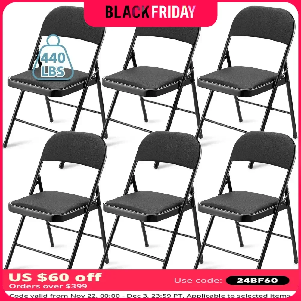 6 Pack Folding Chairs with Metal Frame and Fabric Upholstered, Portable Bulk Stackable Non Slip Folding Chairs for Office(Black)