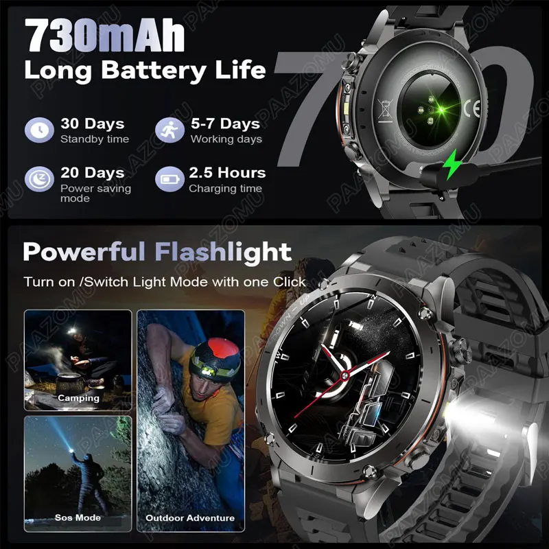 New GPS Outdoor Sport SmartWatch 1.43'' HD AMOLED Flashlight 730mAH 3ATM Waterproof Compass Air Pressure Altitude For HUAWEI
