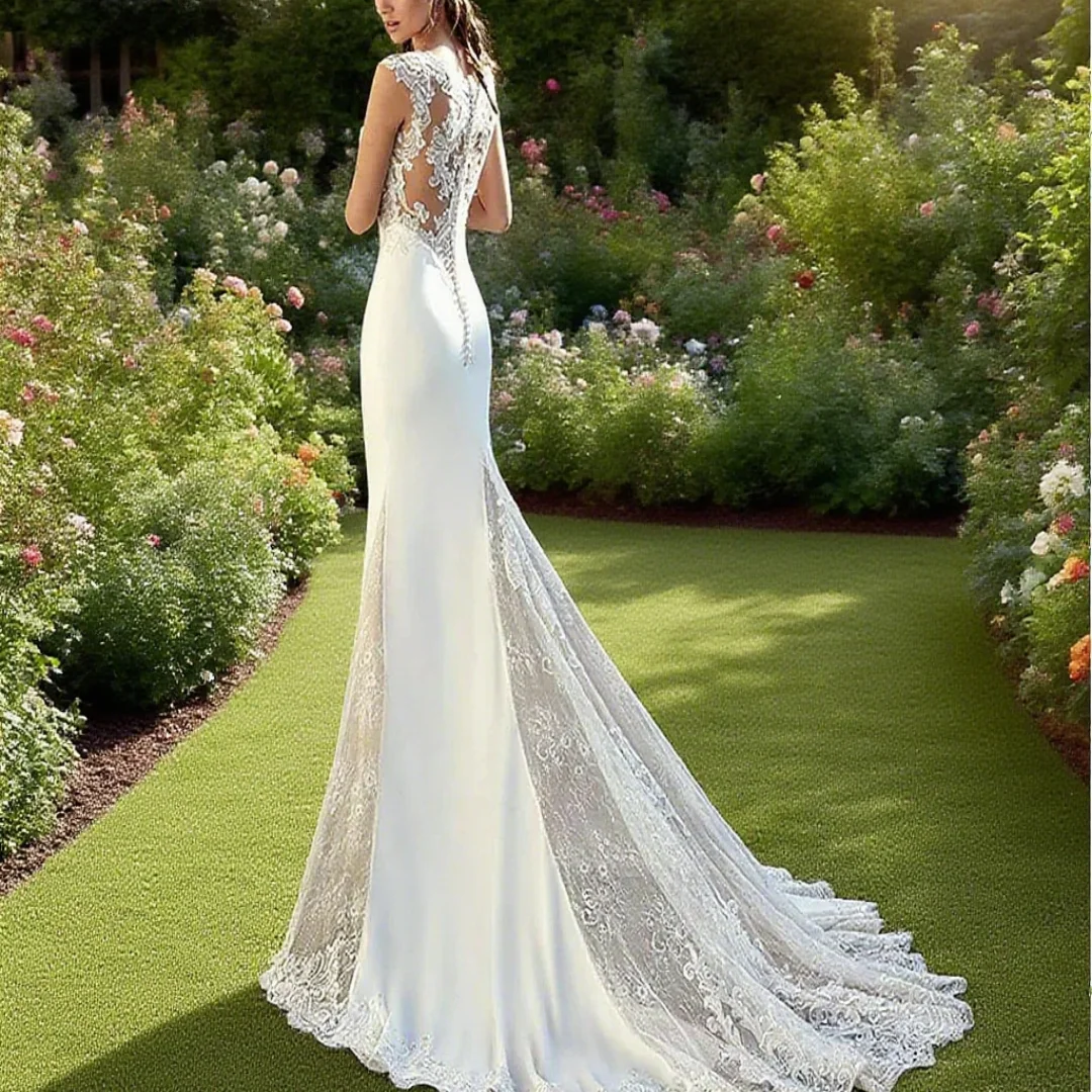 Customized Bohemian-style V-neck wedding dress, mermaid style sleeveless bride formal gown, lace appliqués