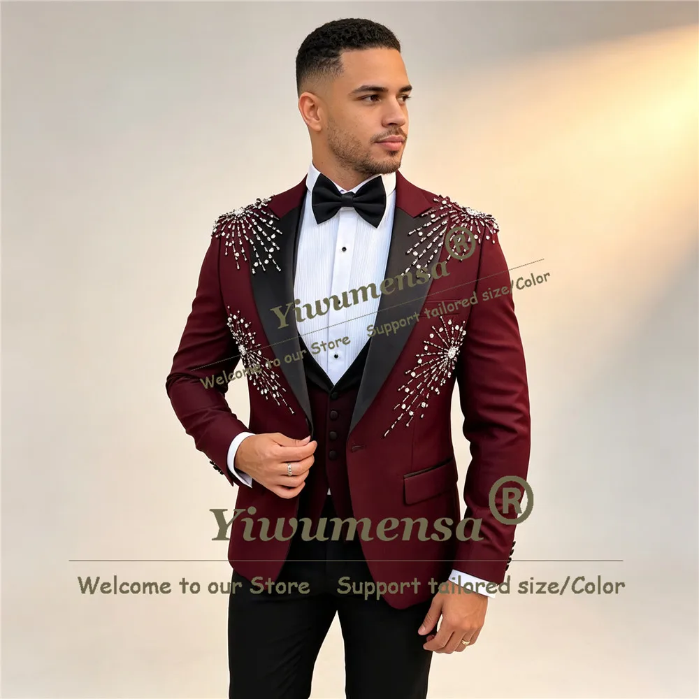 Luxury Men's Suits And Separates For Wedding Crystals Stones Prom Blazer Customized Man Tuxedo 3 Piece Sets Trajes Para Hombre