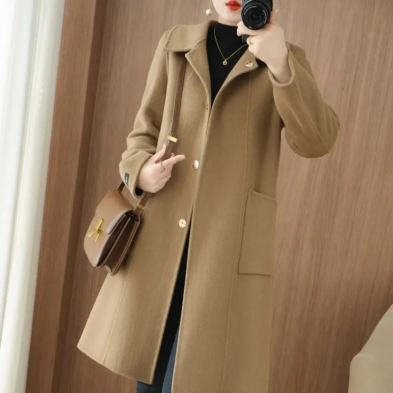 Bureau dame Double face manteau en laine femmes revers simple boutonnage poches Design manteaux 2025 printemps hiver nouveau