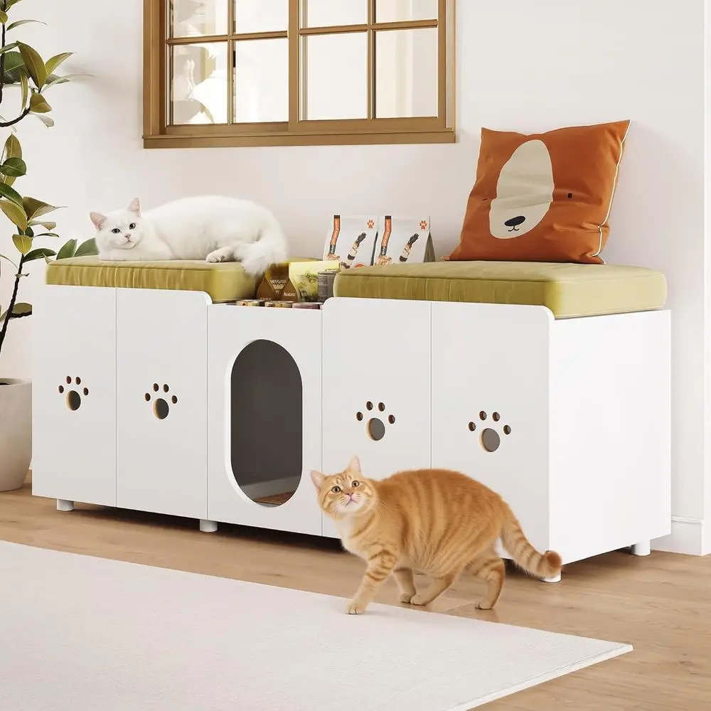 White Double Cat Litter Box Cabinet with Thickened Board, 55L x 17.7W x 22.5H, Stylish and Spacious for Two Cats