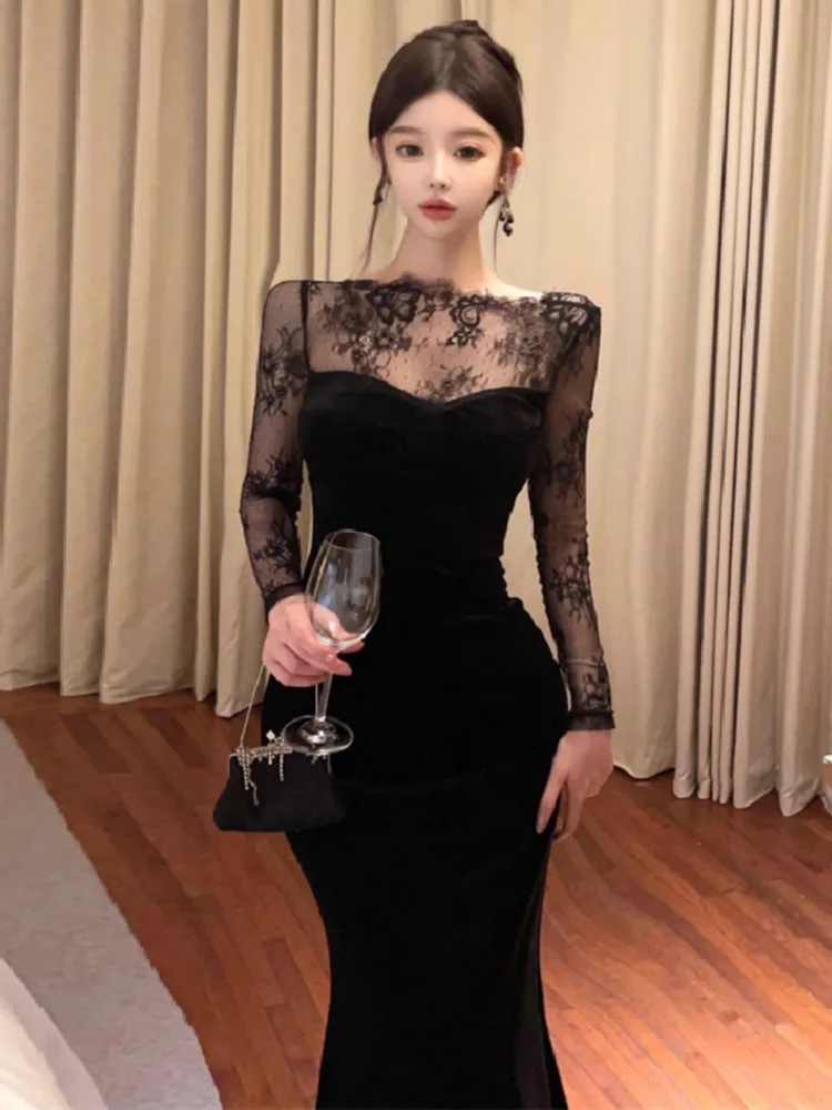 Ezgaga Dresses Women Velvet Lace Patchwork Long Sleeve Slim Vintage Elegant Party Backless Elegant Mermaid Dress Ladies Sexy