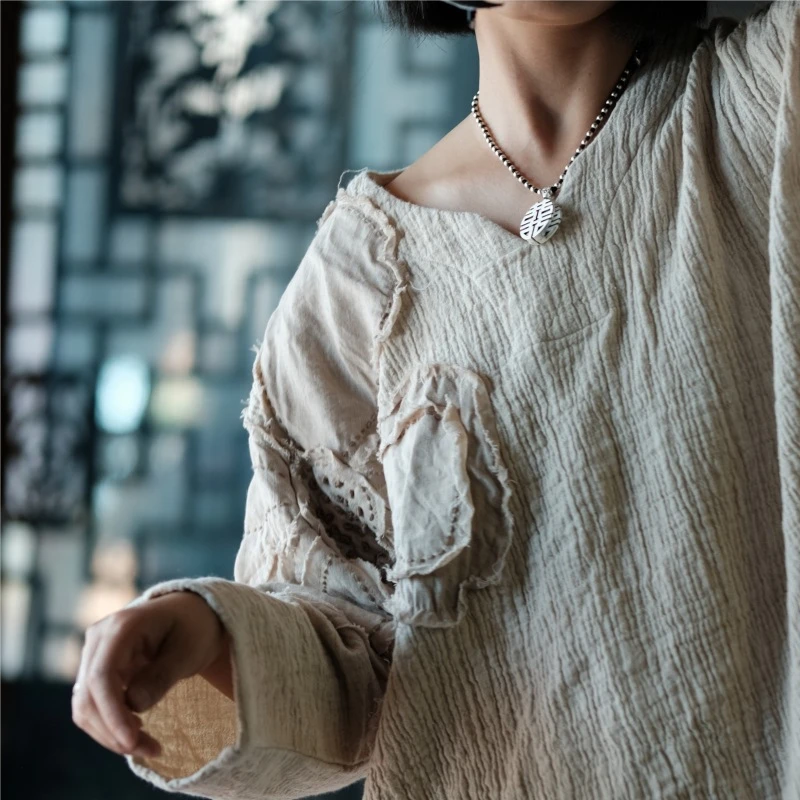 Oversized Women Long Sleeve Cotton Linen T-shirt New 2025 Spring Vintage Style Appliques Loose Female Casual Tops Tees M377