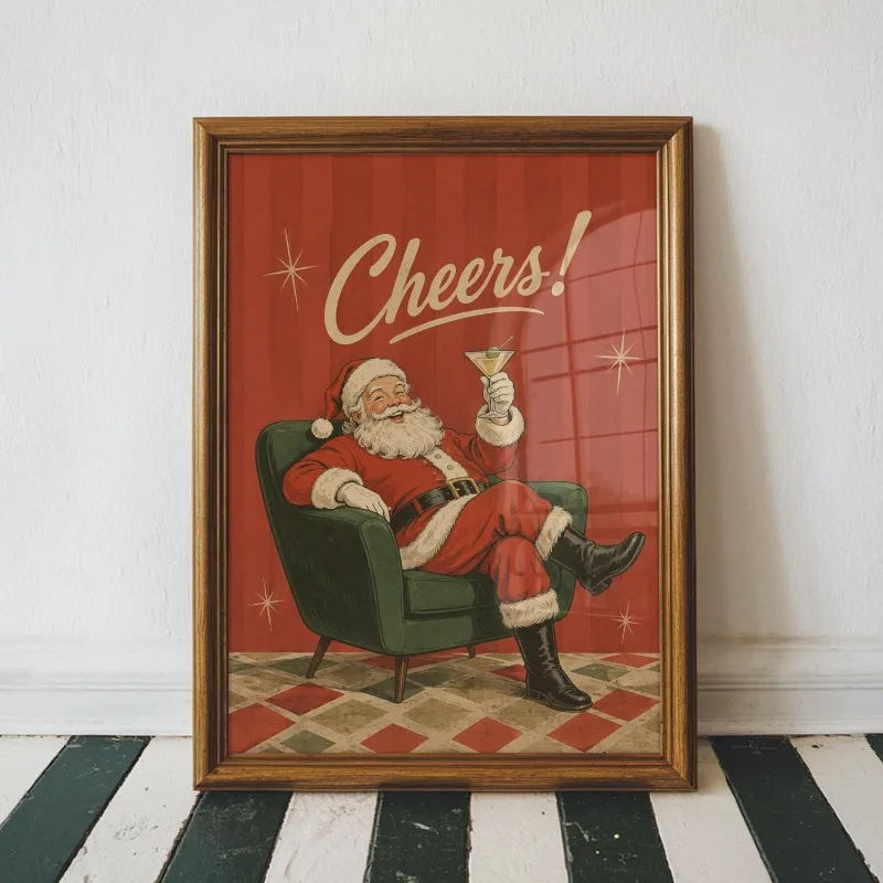 Vintage Cheers Santa Canvas Wall Art Unframed Retro Santa with Cocktail Print Funny Christmas Poster for Bar Home Holiday Decor