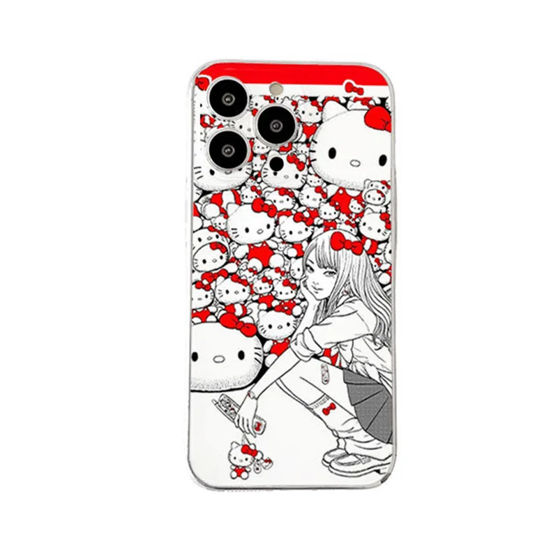 Cute Hello Kitty iPhone Case Kawaii Cartoon iPhone13 15 16 14 11 12 Solid color transparent Anime Junji Ito Tomie Phone Cases