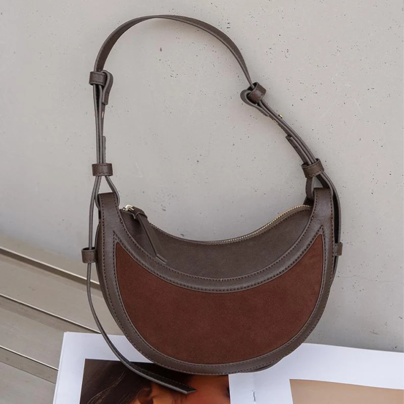

Retro Frosted Leather Velvet Underarm Bag Brand Women's Crescent Bag Adjustable Shoulder Strap Design Shoulder Bag Zipper Wallet