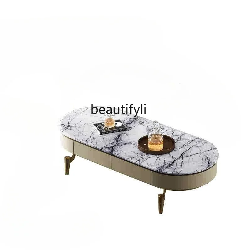 

Luxury stone coffee table living room home light luxury high sense natural marble solid wood oval