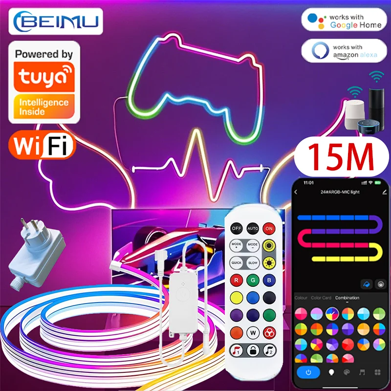 BEIMU TUYA WIFI LED Neon Strip Lights 5M 10M 15M RGBIC Waterproof Music Sync Support Voice Control and Smart Life For Home Decor