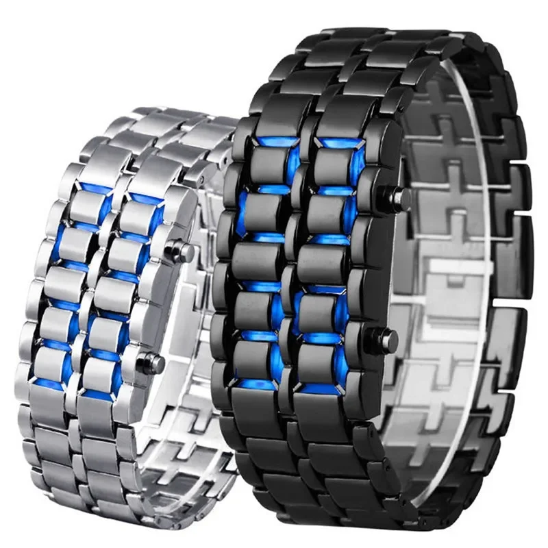 2025 Orologio da polso da uomo in lava digitale completamente in metallo nero moda con display a LED blu Orologi da uomo Regali per orologio sportivo creativo da ragazzo maschio