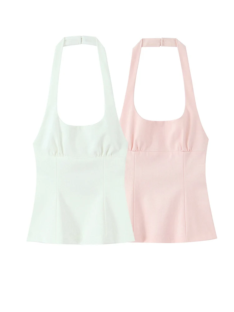 

Summer Bow Backless Halter Tank Tops Women White Pink Slim Tops