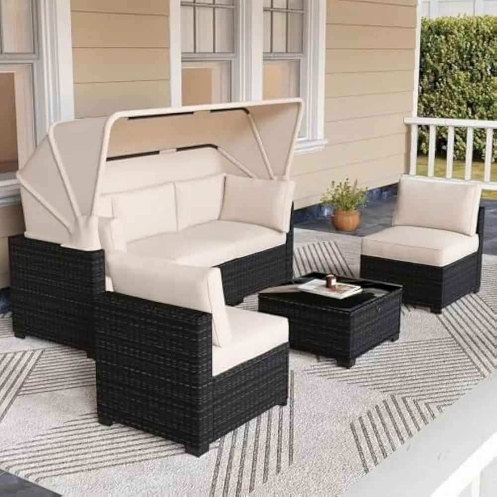 6pcs Outdoor Rattan Wicker Furniture, Patio Furniture Set with Waterproof Cushions, Reinforced Glass Table, Canopy, Durable PE