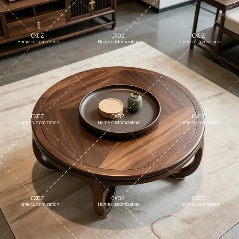 New Chinese solid wood round coffee table Modern simple living room furniture Black walnut storage tea table 2026 new