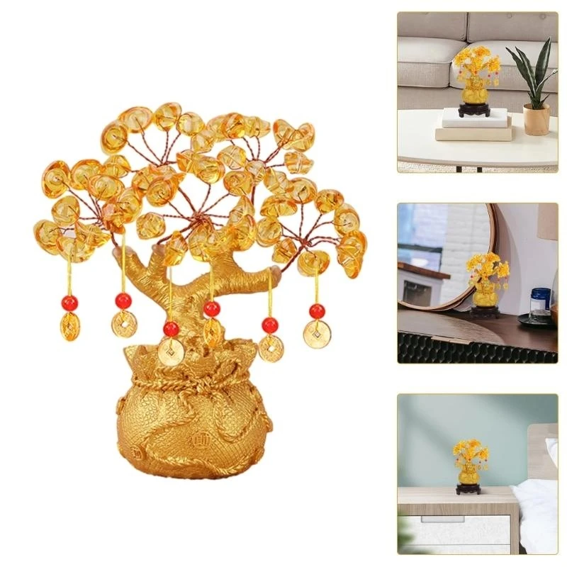Handmade Citrine Money Tree Ornament for Business Success Wealth Good Luck for Home Decoration W91B