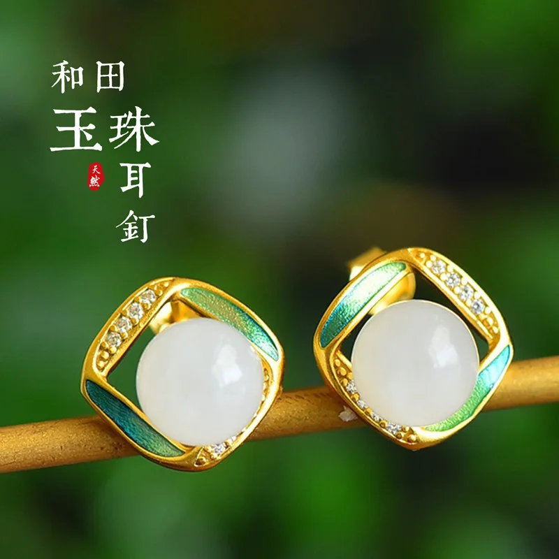 

Серьги из серебра 925 пробы с позолотой и нефритом Хэтянь, с сертификатом, в старинном стиле, элегантные и роскошные, из натурального нефрита