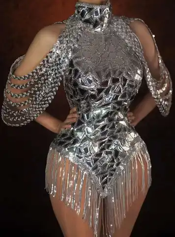 Sparkly Parlayan Payetler Bodysuit Kadın Dansçı Gogo DJ Gece Kulübü Parti Püskül Gümüş Gece Dışarı Sahne Giyim Drag Queen Kıyafet