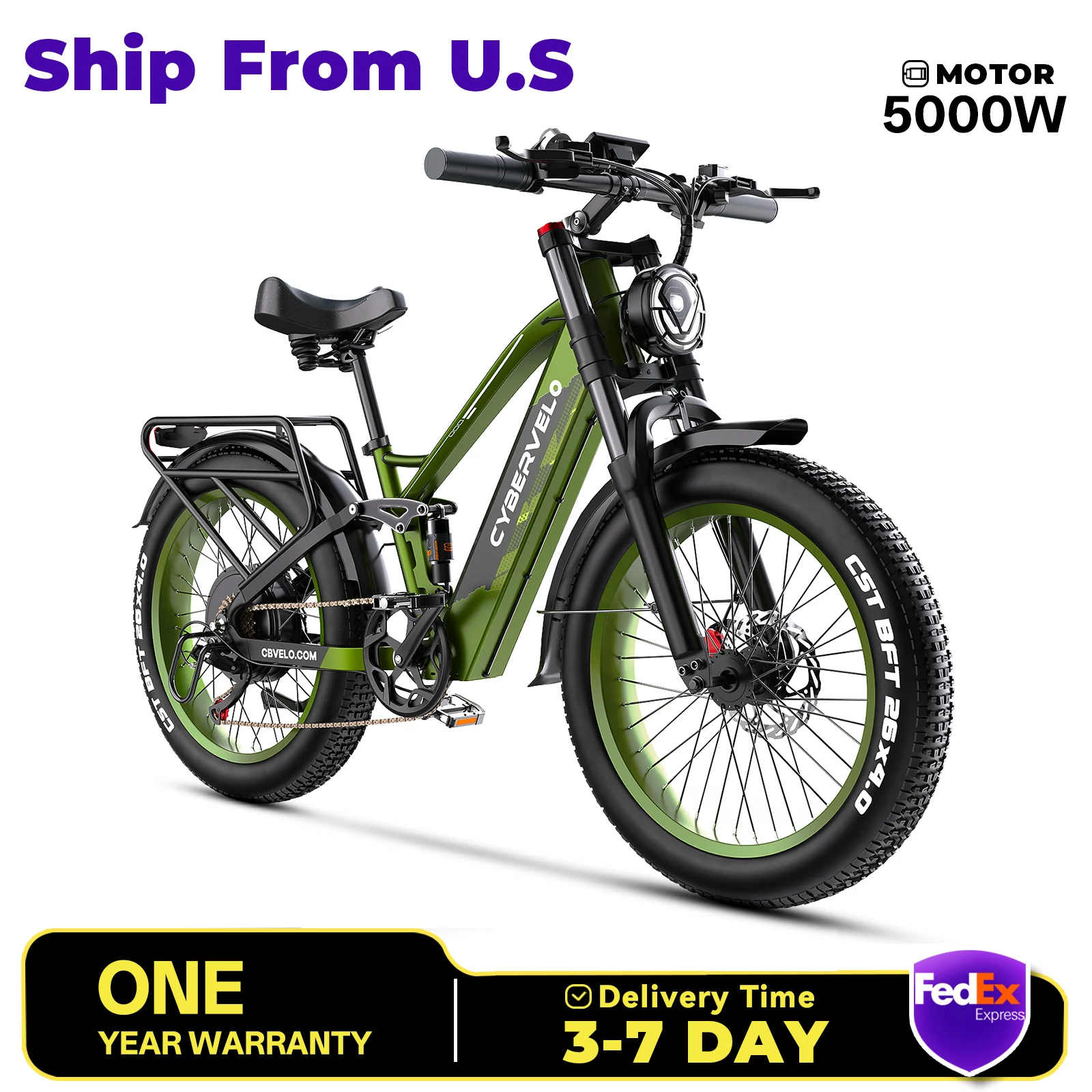 

Cybervelo EK9 26” Fat Tire Moutain Sand Snow E Motor Bike, 5000w Peak Built-in 52V 40Ah Battery, 100 Miles+ Range Electric Bike