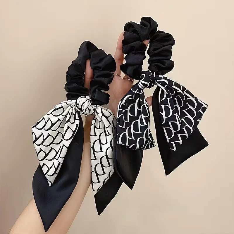 2Pcs Letter Bow Scrunchies Fabric Ribbon Hair Tie Elegant Ponytail Hair Accessory Daily Birthday Valentine Gift
