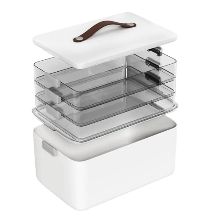 

4-Tier Medicine Organizer Storage Box Portable Latch Bin with Lid and Leather Handle Cabinet Closet Organization for Home Offic