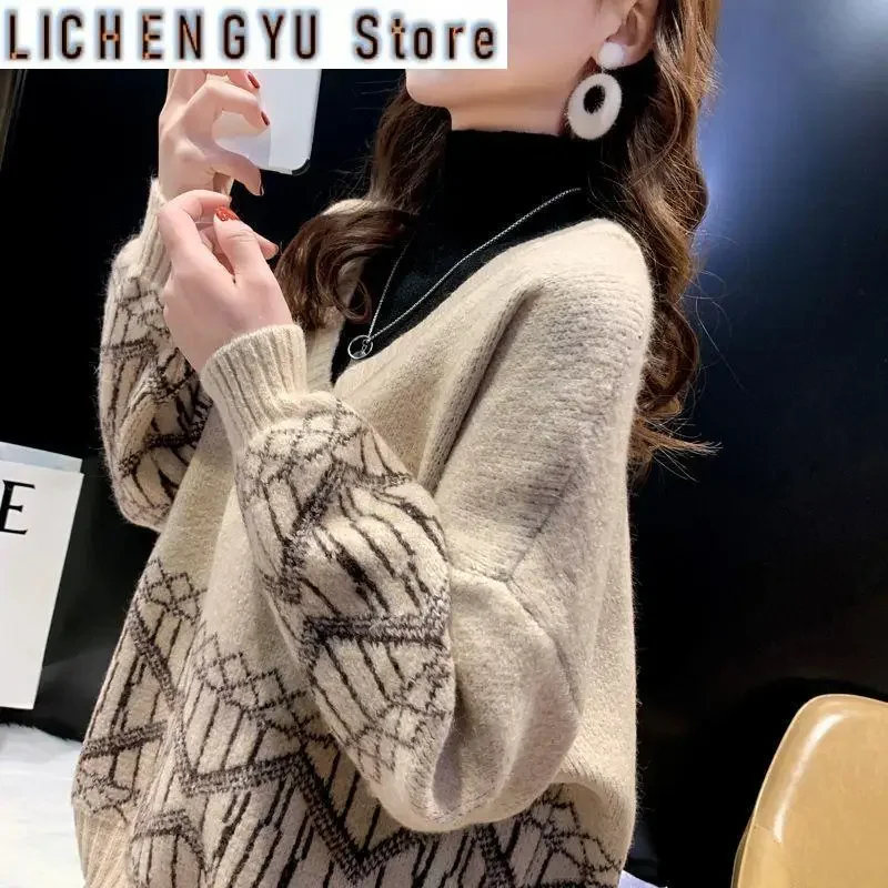 

Autumn and Winter Women's High Neck Long Sleeve Fake Two Pieces Knitted Sweaters Jumpers Fashion Casual Office Lady Tops