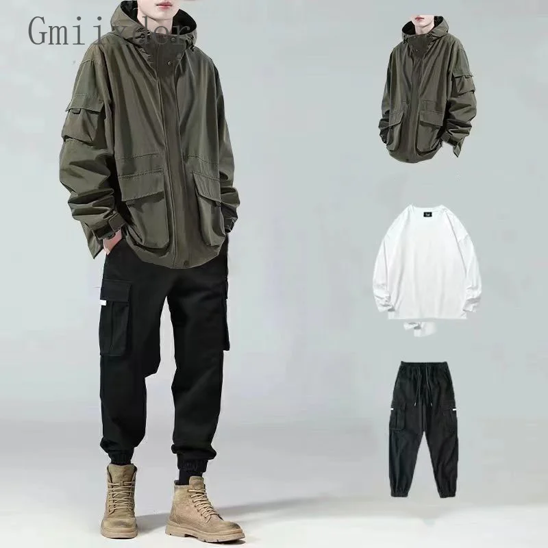 Three Piece Safari Suits 2023 Spring Autumn Waterproof Cargo Hooded Jacket Men's Workwear Set Trendy Casual Multi Pocket Outfit