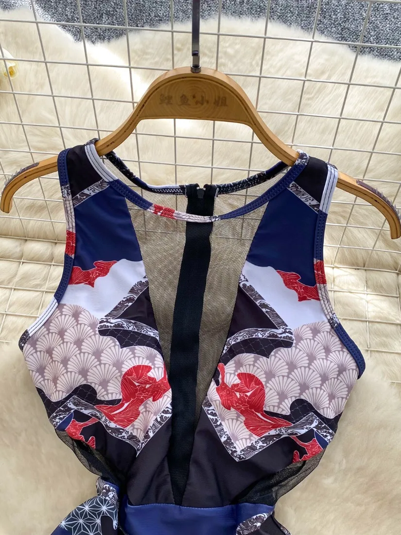 Foamlina-Body europeo sin mangas para mujer, traje de baño Sexy transparente con estampado de almazuela de malla, traje de baño sin mangas