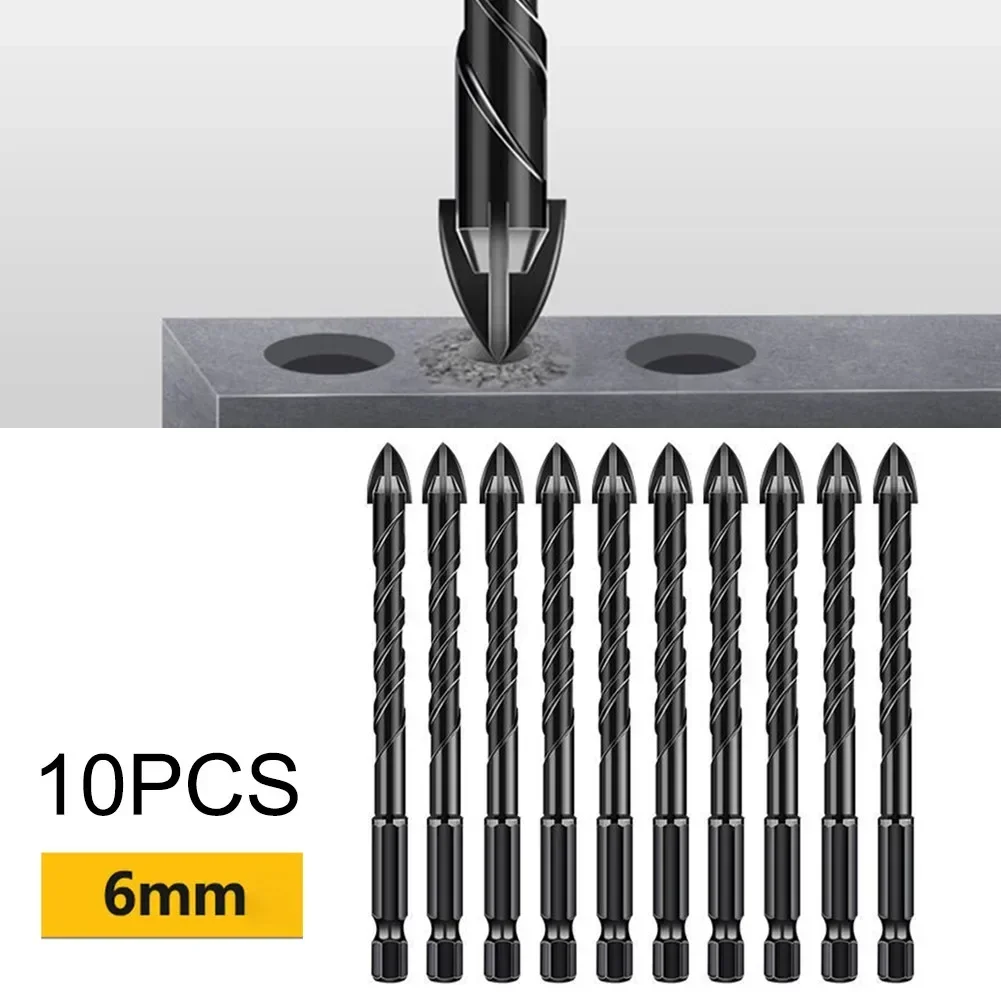 10PCS 6mm Cross Hex Tile Drill Bit Set Triangle Bit Tool Kit 1/4\'\'Hex Shank Cross Tile Bit Glass Ceramic Concrete Hole Opener