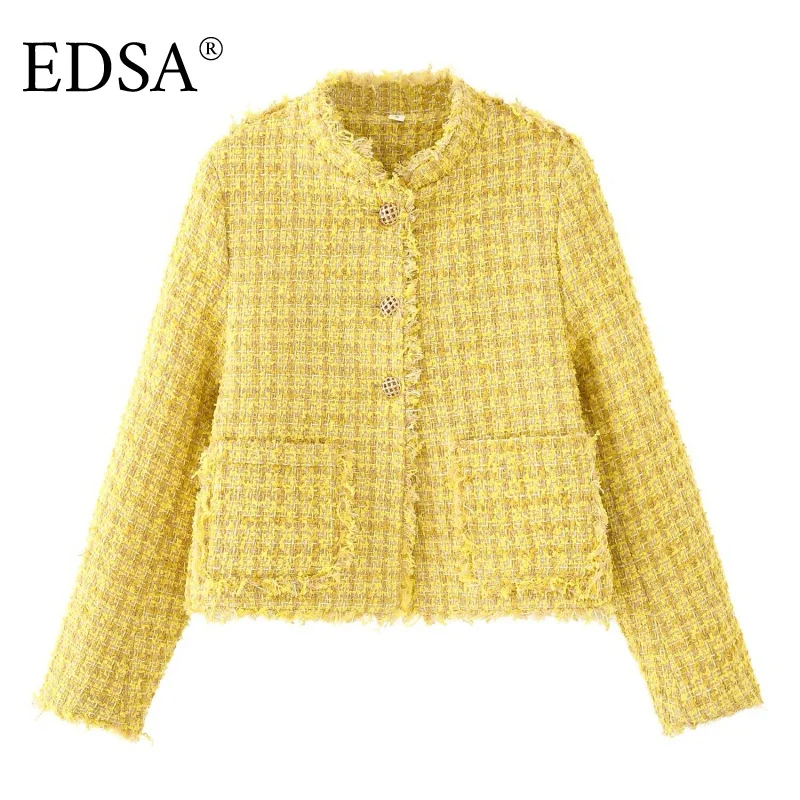 EDSA ملابس علوية نسائية كلاسيكية أنيقة غير رسمية أصفر سادة رقبة دائرية واحدة الصدر كم طويل معاطف قصيرة موضة جديدة معاطف خريف 2025 #2